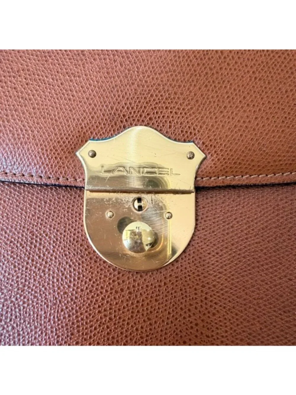 Vintage Lancel Paris Tan Brown Textured Leather Briefcase Top Handle Bag